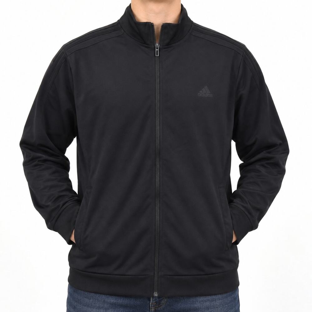 Adidas Track Jacket Mens XL Black Full Zip 3-Stripes Knit Lined Athletic Top